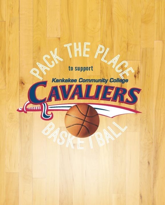 An image of a basketball with the Cavaliers logo and the words "Pack the Place to support Kankakee Community College Cavaliers Basketball"