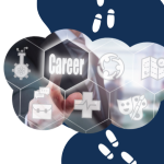 Graphic with footprints, the word Career and icons for different careers