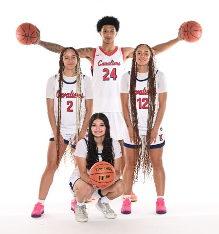 Cavaliers basketball players standing: Alyssa Ross (#2), Alana Ross (#12) and JJ Gillespie (#24); crouching: Mariya Babilius (#30) Cavaliers basketball players standing: Alyssa Ross (#2), Alana Ross (#12) and JJ Gillespie (#24); crouching: Mariya Babilius (#30)