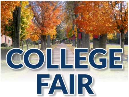 Graphic of a college campus with the text "College Fair"