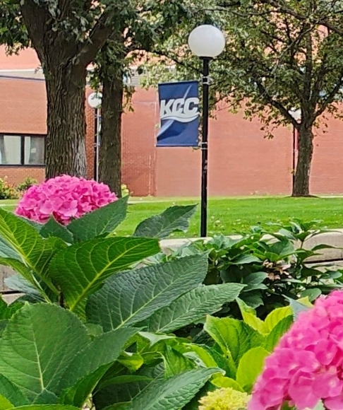 Flowers in KCC's front courtyard, and a KCC banner on a lightpole.