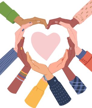 Several hands join together to form the shape of a heart.