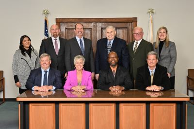 KCC Board of Trustees 2023-2024 - Top row L-R: Student trustee Jennifer Bustos, KCC president Dr. Michael Boyd, board members Pat Martin, Jerry Hoekstra, Todd Widholm and Claire Chaplinski. Bottom row L-R: Bill Orr, board chair Cathy Boicken, Michael Proctor and Brad Hove.