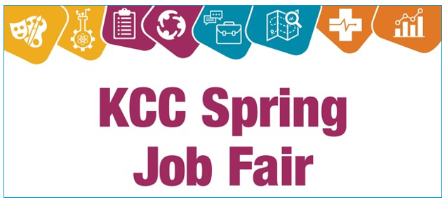 Rectangle graphic with the words "KCC Spring Job Fair" under images representing various industries