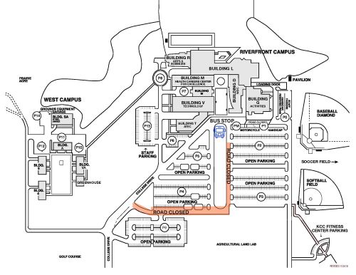 Road closures map. East-west road south of Parking P4 is closed. Most of the road west of Parking P3 and P3 is closed. Bus stop is south of flagpoles.