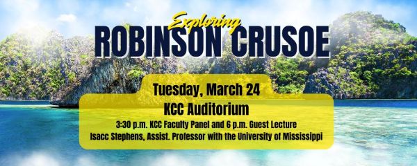 Graphic of island with the words "Exploring Robinson Crusoe"